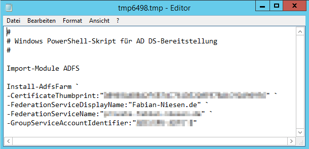 Konfigurationsdialog der Active Directory Verbunddienst - Power Shell Skript Konfigurationsdialog der Active Directory Verbunddienst - Power Shell Skript