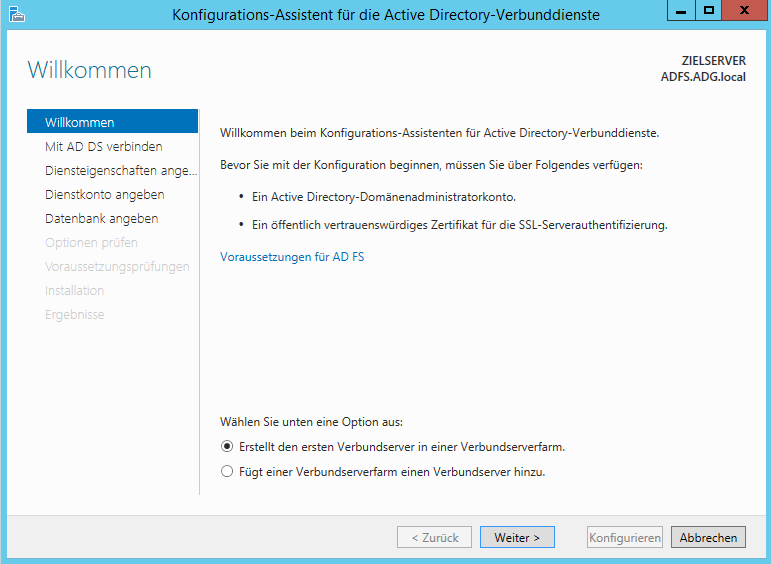 Konfigurationsdialog der Active Directory Verbunddienst - Bild 1 Konfigurationsdialog der Active Directory Verbunddienst - Bild 1