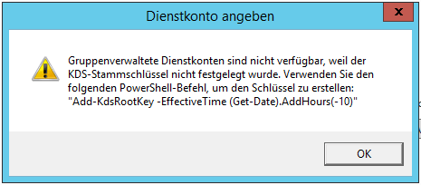 Konfigurationsdialog der Active Directory Verbunddienst - Warnung KDS-Stammschlüssel