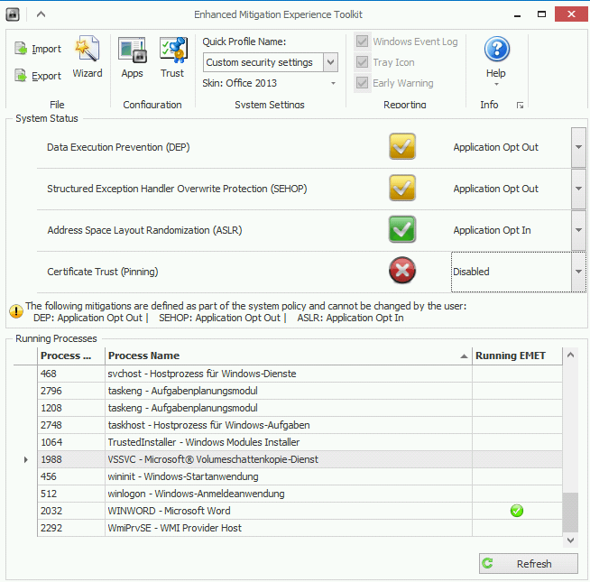 Windows Systeme absichern mit dem "Enhanced Mitigation Experience Toolkit" - Teil 2 - 042214 0706 WindowsSyst4 Screenshot: GUI EMET nach Konfiguration über Gruppenrichtlinen