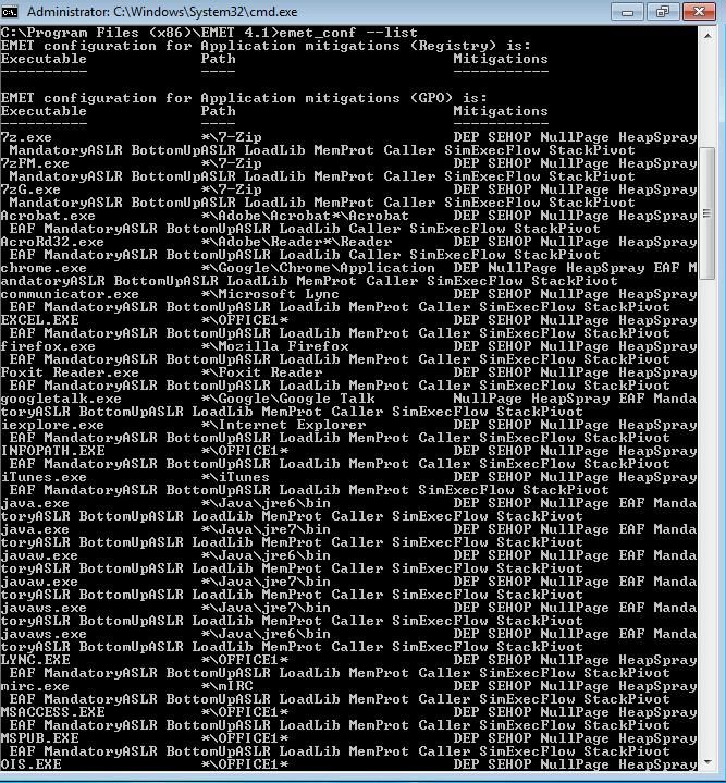 Windows Systeme absichern mit dem "Enhanced Mitigation Experience Toolkit" - Teil 2 - 042214 0706 WindowsSyst5 Ausgabe des Befehles "EMET_conf --list"