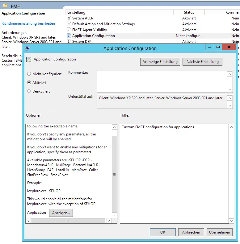 Screenshot: Gruppenrichtlinie "Application Configuration" von EMET