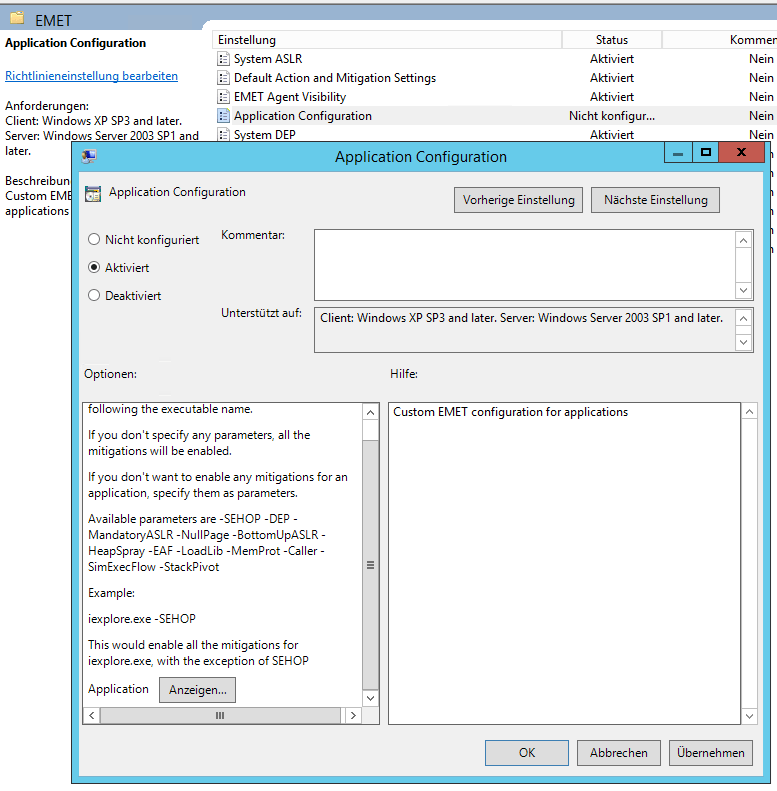 Windows Systeme absichern mit dem "Enhanced Mitigation Experience Toolkit" - Teil 2 - 042214 0706 WindowsSyst6 Screenshot: Gruppenrichtlinie "Application Configuration" von EMET