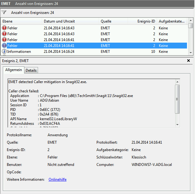 Windows Systeme absichern mit dem "Enhanced Mitigation Experience Toolkit" - Teil 2 - 042214 0706 WindowsSyst8 Ereignisanzeige von EMET im Audit-Modus
