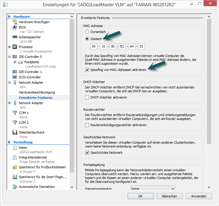 Kemp LoadMaster unter Windows Server 2012 R2 einrichten - 051414 0454 KempLoadMas3 Konfiguration der MAC und des MAC Spoofing