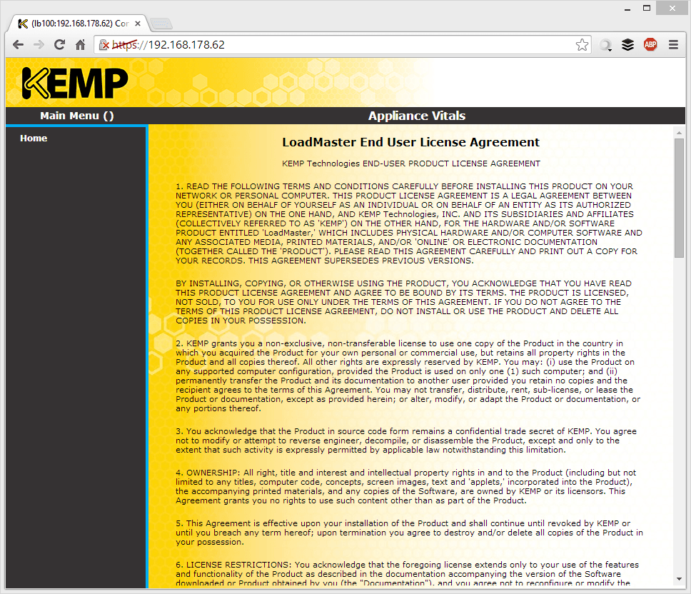 Kemp LoadMaster unter Windows Server 2012 R2 einrichten - 051414 0454 KempLoadMas7 Die EULA nach dem ersten Login in der Verwaltungsweboberfläche