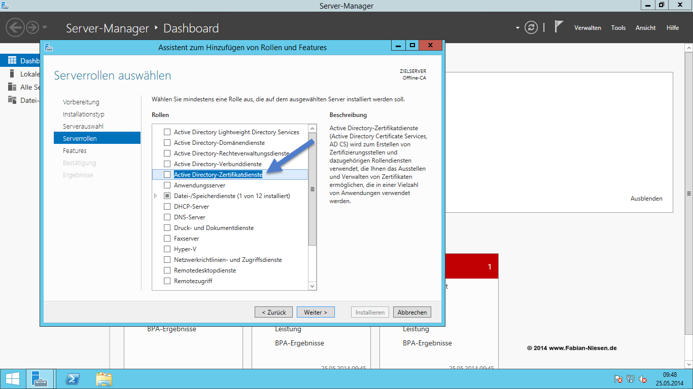 Installation einer Zertifizierungsstelle unter Windows Server 2012R2 Teil 1 - Die Offline Root-CA - 060914 1319 Installatio1 Hinzufügen der Rolle "Active Directory-Zertifikatdienste"