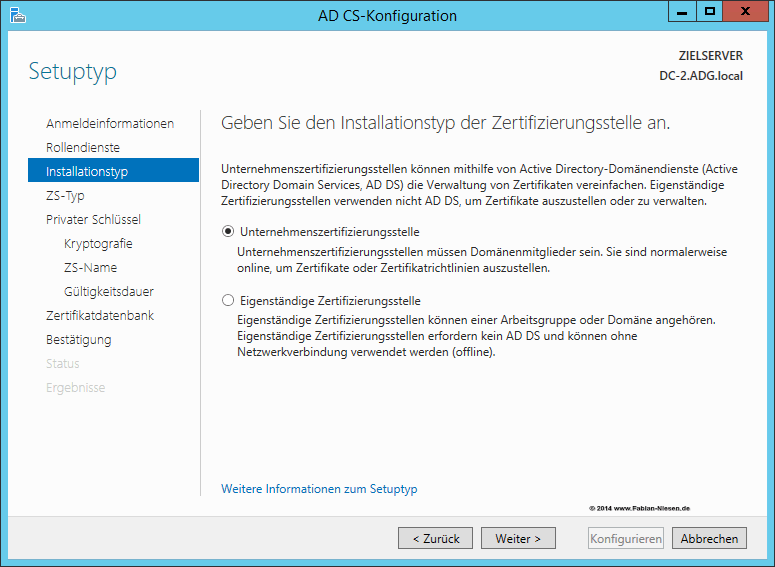 Installation einer Zertifizierungsstelle unter Windows Server 2012R2 Teil 2 - Erstellen der unter geordneten CA 5 060914 1321 Installatio3