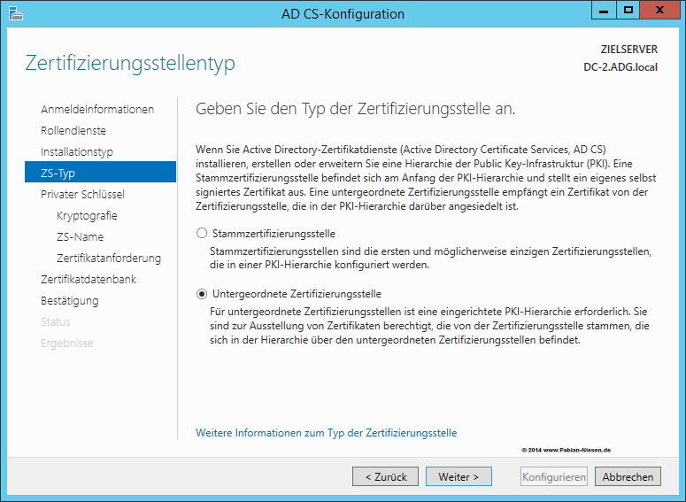 Installation einer Zertifizierungsstelle unter Windows Server 2012R2 Teil 2 - Erstellen der unter geordneten CA 6 060914 1321 Installatio4