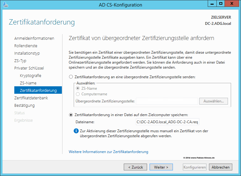 Installation einer Zertifizierungsstelle unter Windows Server 2012R2 Teil 2 - Erstellen der unter geordneten CA 7 060914 1321 Installatio5