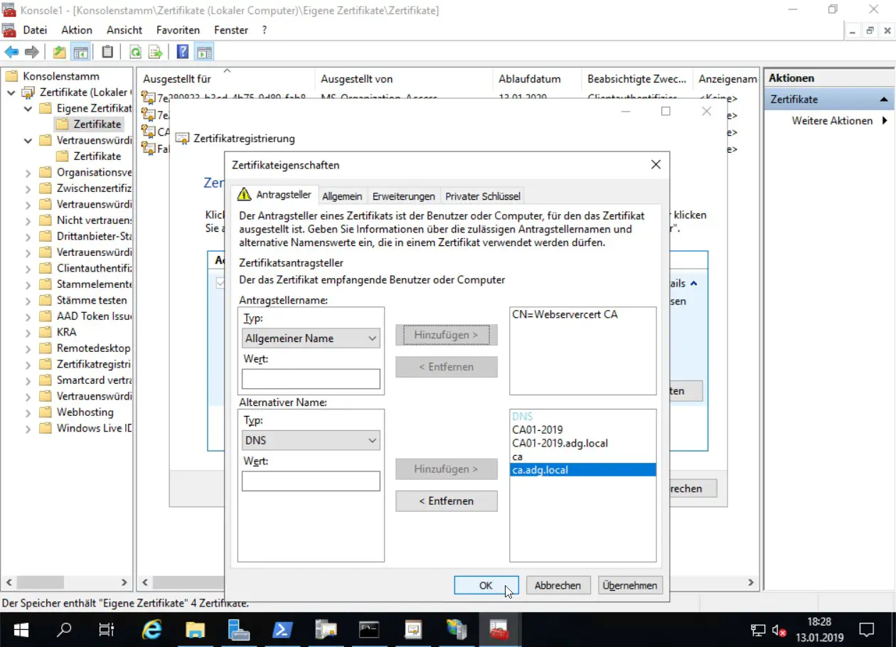 Umzug einer Windows Zertifizierungsstelle von 2012R2 auf Windows Server 2019