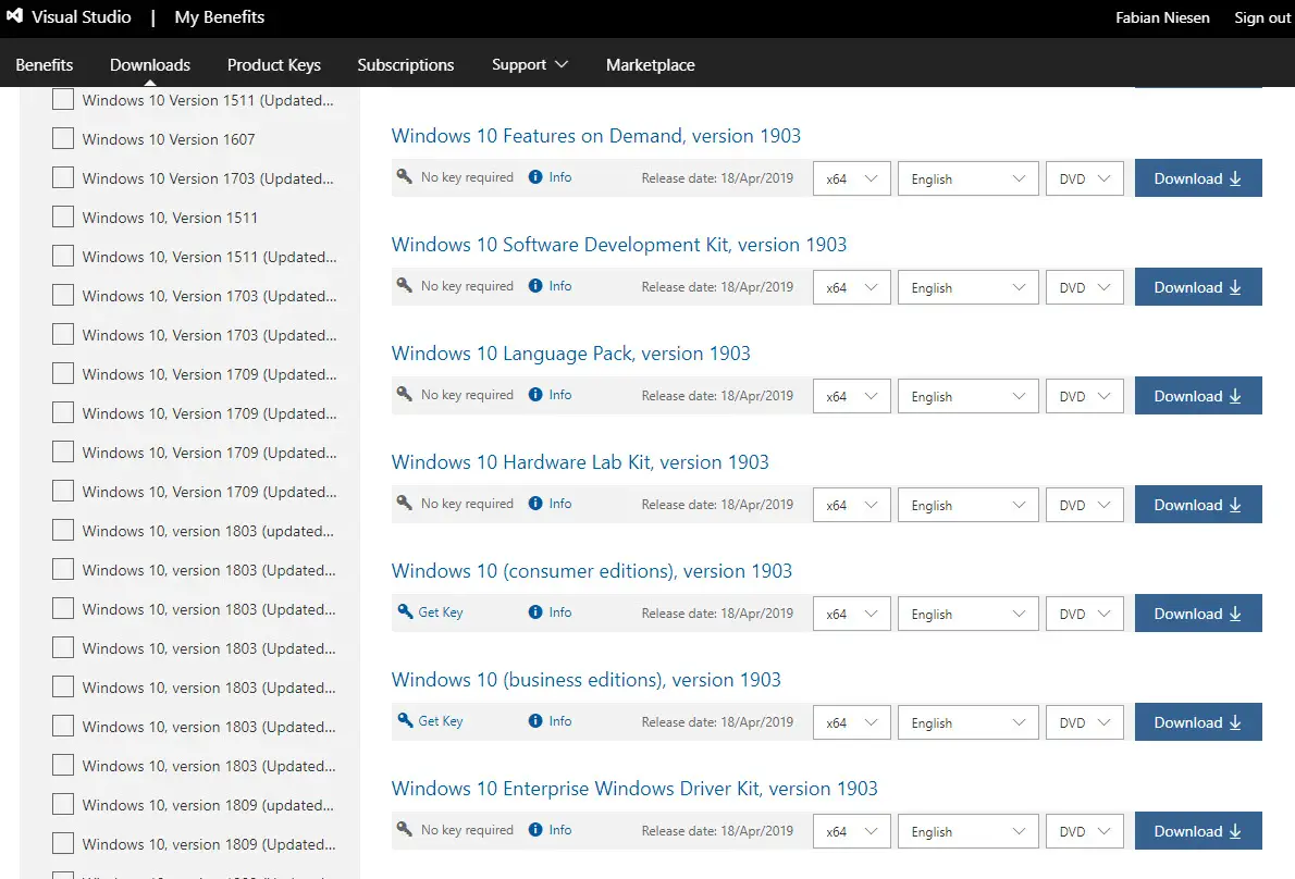 A screenshot of MSDN download page