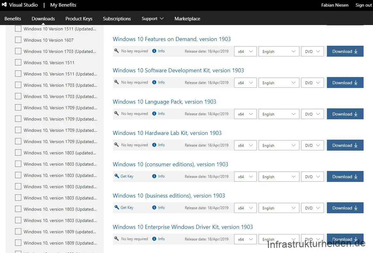 A screenshot of MSDN download page