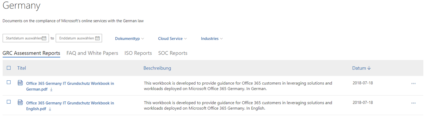 Übersicht der Dokumente in Reginal Compliance Dashboard für Deutschland. Quelle: Screenshot Microsoft.com