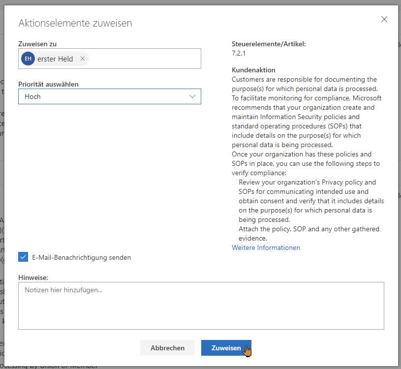 Zuweisung von Kundenverantwortlichen Aufgaben zur Dokumentation im Compliance Manager. Quelle: Screenshot Microsoft.com 