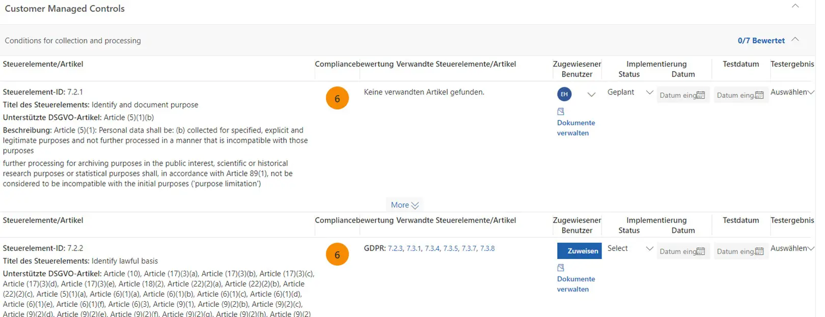 Auszug aus den Kundenverantwortlichen Aufgaben mit Dokumentation im Compliance Manager. Quelle: Screenshot Microsoft.com  