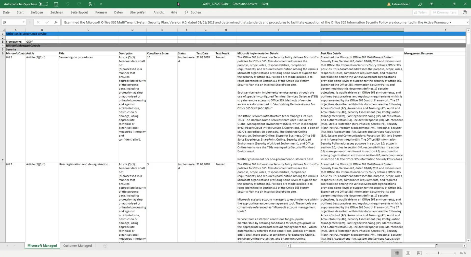 Excel export from the Compliance Manager. Source: Screenshot