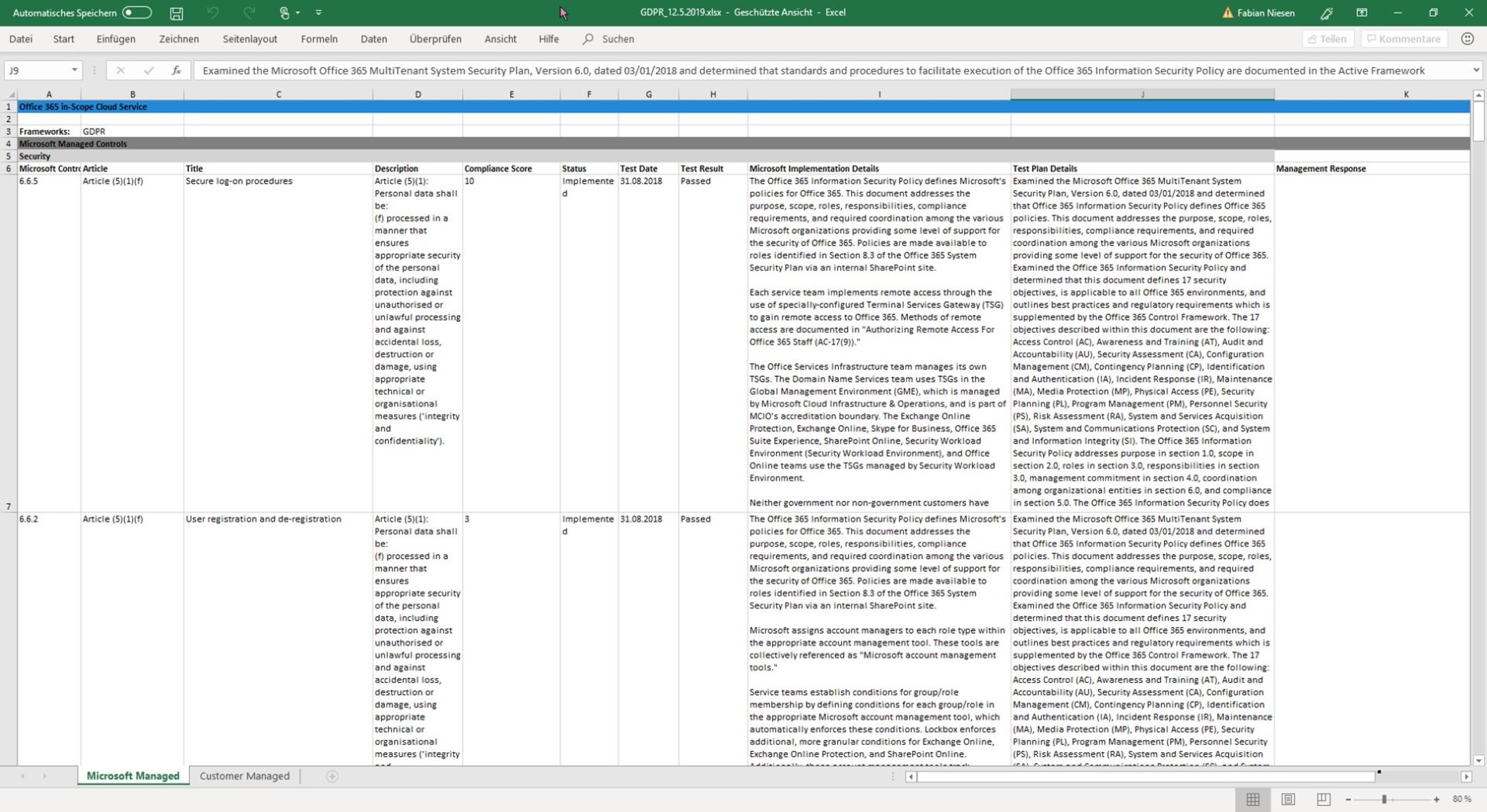 The Microsoft Cloud and Data Protection 11 Excel export from the Compliance Manager. Source: Screenshot
