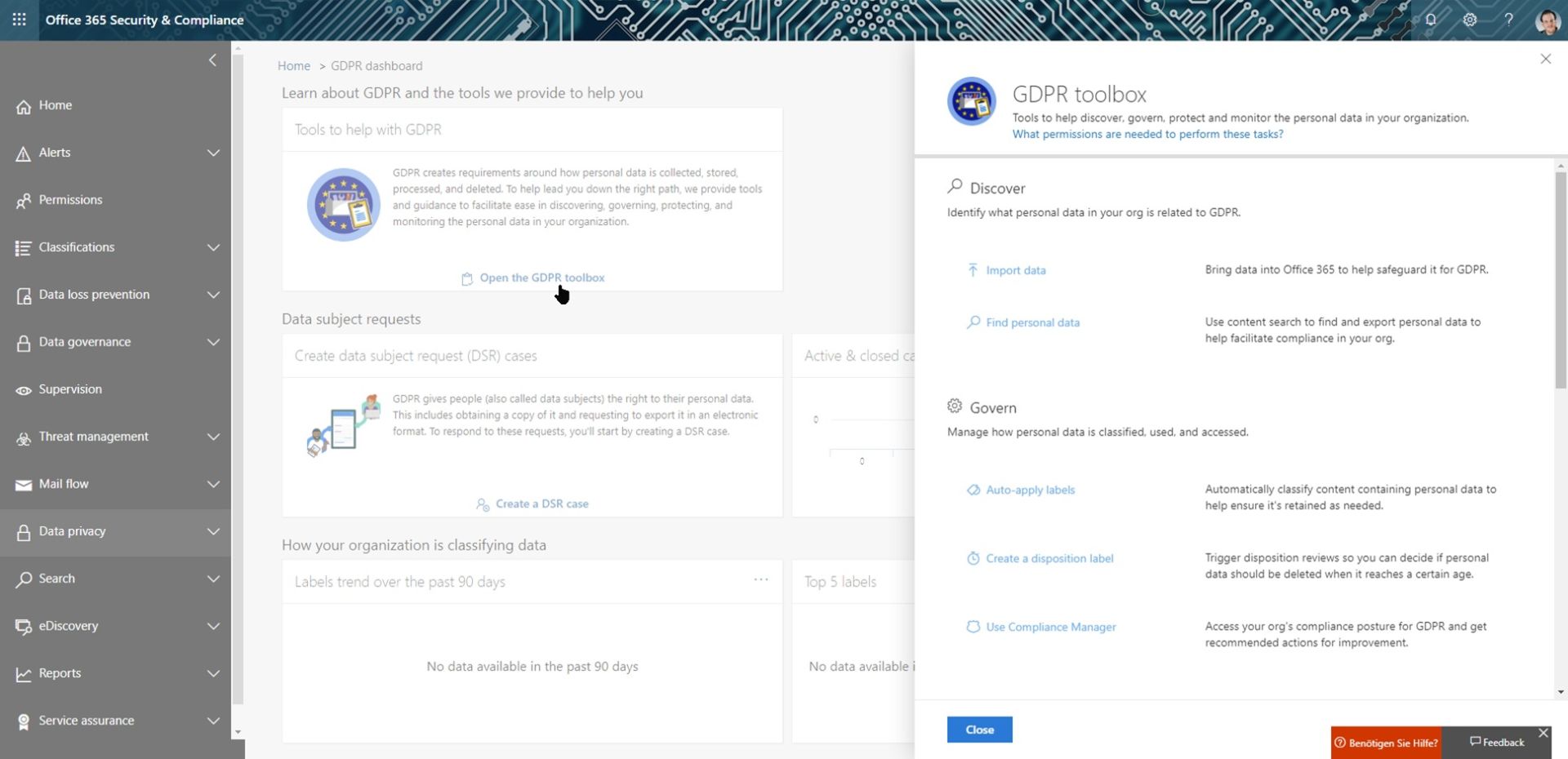The Microsoft Cloud and Data Protection 12 Office365 GDPR Dashboard Source: Screenshot Microsoft