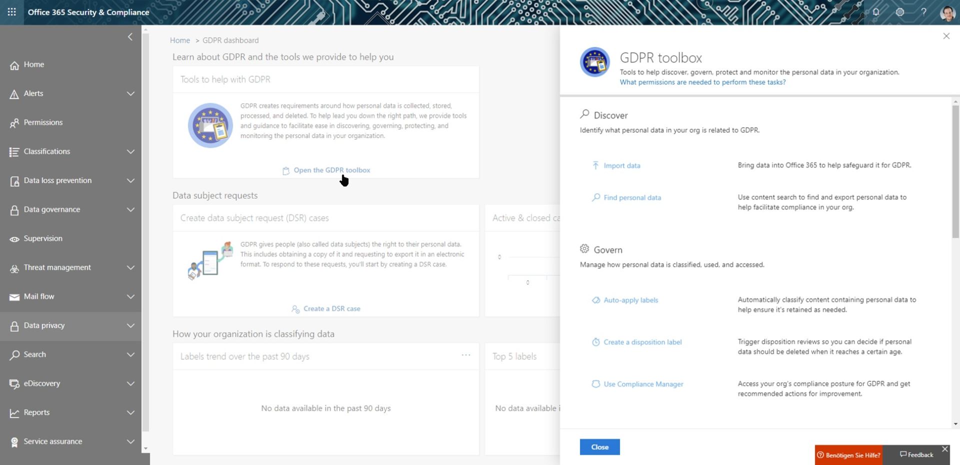 Office365 GDPR Dashboard Quelle: Screenshot Microsoft