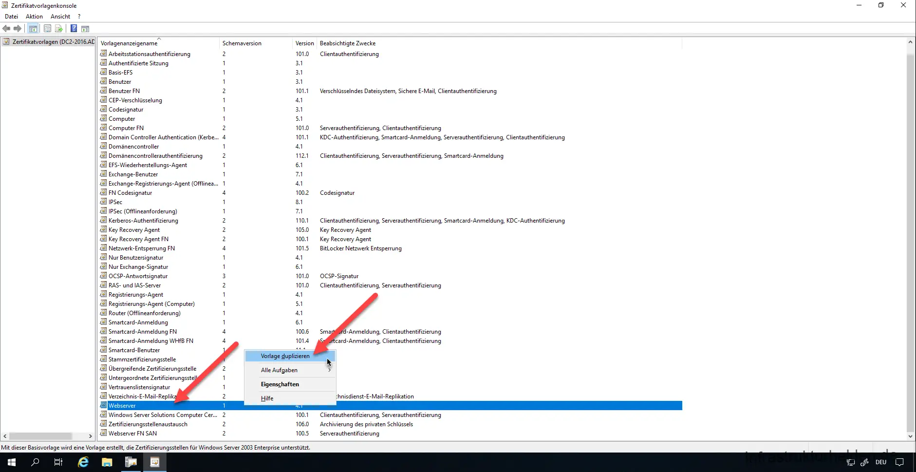Create a duplicate certificate template from web server. Screenshot: Microsoft Certificate Templates Console