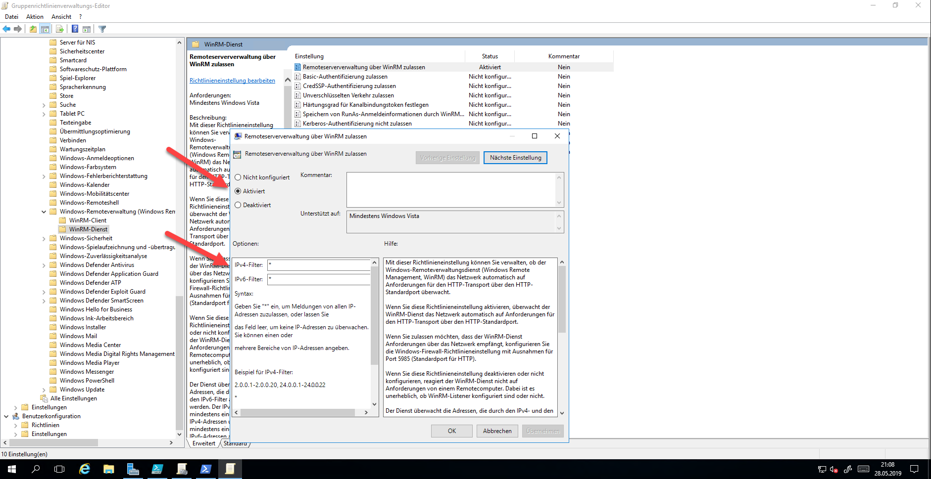 PowerShell Skripte mit Local Administrator Password Solution (LAPS) nutzen und auditieren 3 Screenshot Windows RM GPO Einstellung "Remoteverwaltung über WinRM zulassen" unter Administrative Vorlagen/Windows-Komponenten/Windows-Remoteverwaltung (Windows Remote Management, WinRM)/WinRM-Dienst
