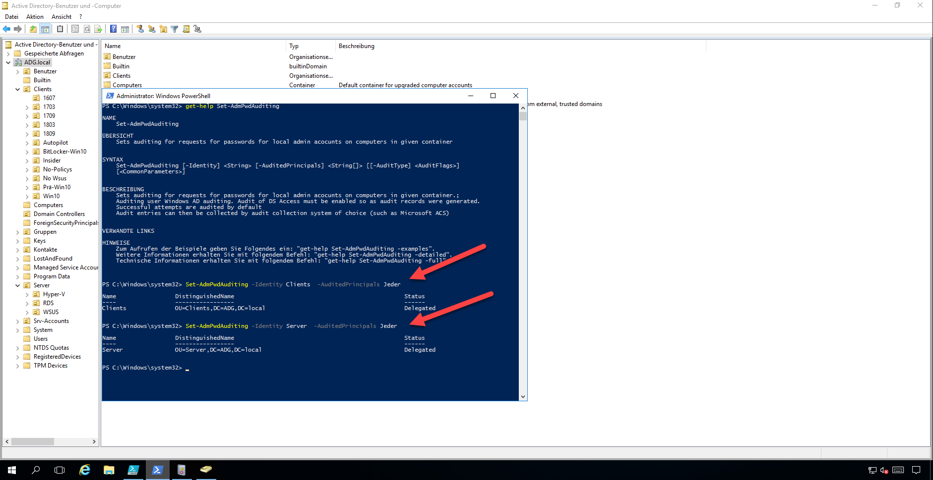 Screenshot Aktivieren des LAPS Audit mit  Set-AdmPwdAuditing in der Power Shell