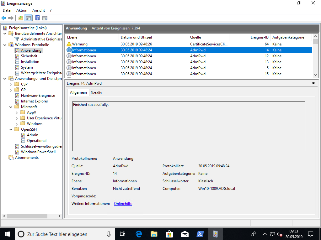 PowerShell Skripte mit Local Administrator Password Solution (LAPS) nutzen und auditieren 8 Screenshot des Client Eventlog nach der Aktivierung des Client LAPS Logging im Modus Verbose