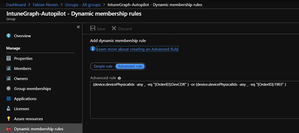 Screenshot: portal.azure.com - Dynamische Gruppe mit OrderID als Kriterium