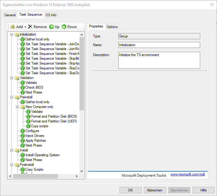 Autopilot mit Microsoft Deployment Toolkit verteilen 6 Screenshot: Erster Teil der Task-Sequenz für OS Installation mit Autopilot Aktivierung