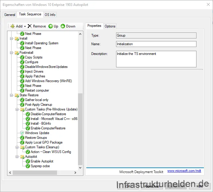 Screenshot: Second part of task sequence for OS installation with autopilot activation 
