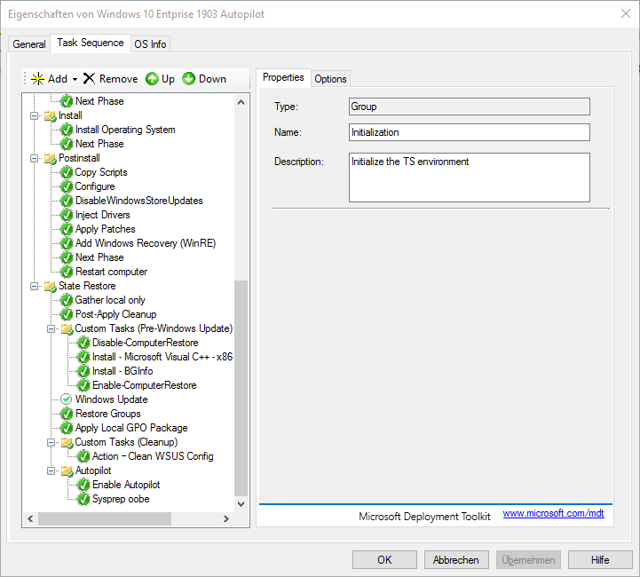 Autopilot mit Microsoft Deployment Toolkit verteilen 7 Screenshot: Zweiter Teil der Task-Sequenz für OS Installation mit Autopilot Aktivierung