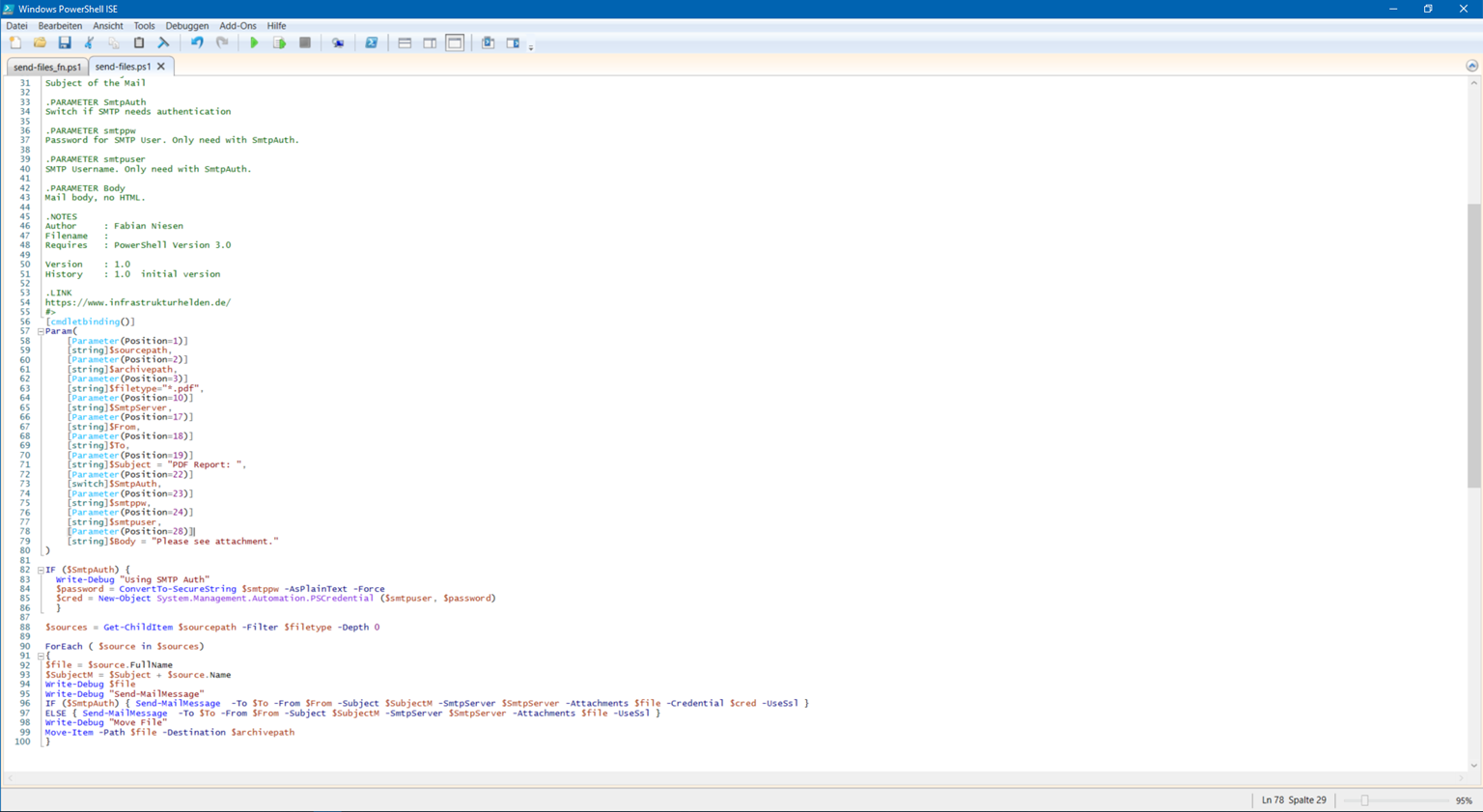 Dateien aus einem Verzeichnis per Mail verschicken mit der PowerShell - 070319 0854 Dateienause2 Screenshot: ISE mit sent-files.ps1