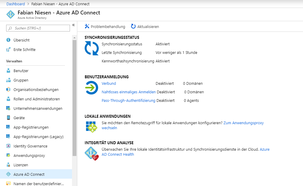 Azure Active Directory mit Single-Sign On mit Passwort Hash Synchronisierung 3 Screenshot: Azure AD Konsole - Azure AD Connect