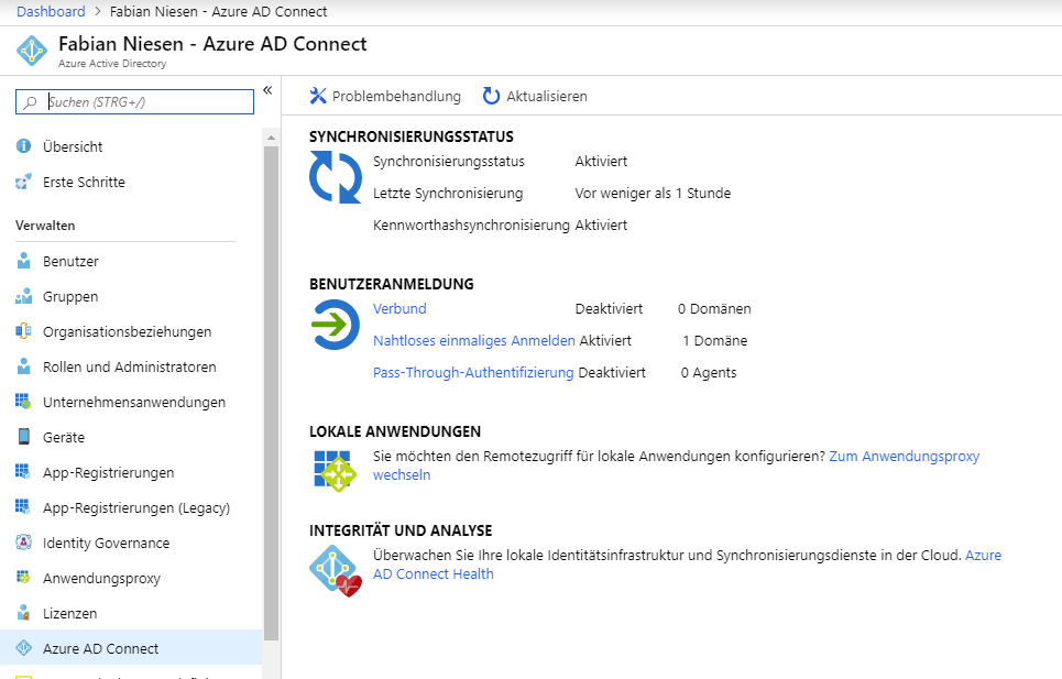 Azure Active Directory mit Single-Sign On mit Passwort Hash Synchronisierung 12 Screenshot: Azure AD Konsole - Azure AD Connect
