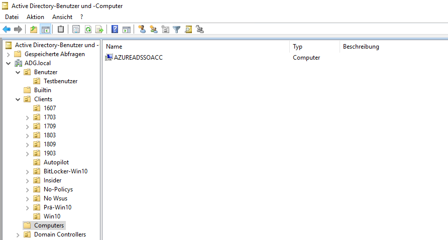 Azure Active Directory mit Single-Sign On mit Passwort Hash Synchronisierung 13 Screenshot: Active Directory-Benutzer und -Computer - Computerkonto AzureAdSSOACC