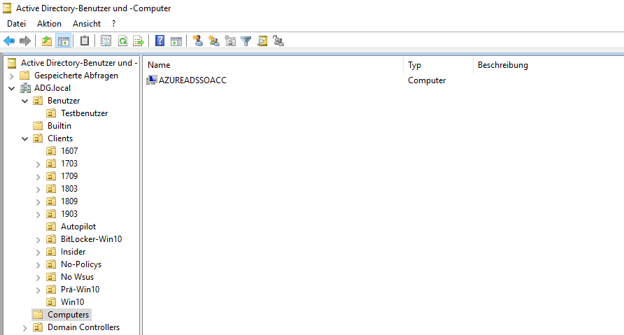 Screenshot: Active Directory-Benutzer und -Computer - Computerkonto AzureAdSSOACC