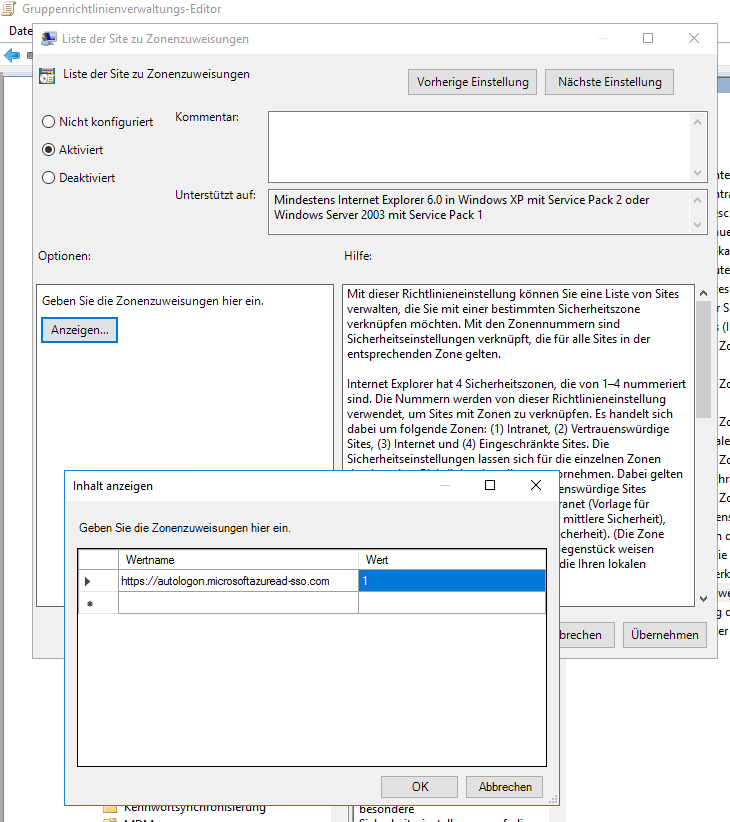 Azure Active Directory mit Single-Sign On mit Passwort Hash Synchronisierung 14 Screenshot: Gruppenrichtlinienverwaltung-Editor, "Liste der Site zu Zonenzuweisung"