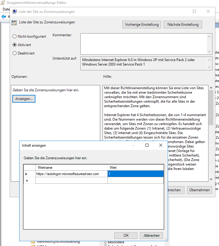 Screenshot: Gruppenrichtlinienverwaltung-Editor, "Liste der Site zu Zonenzuweisung"