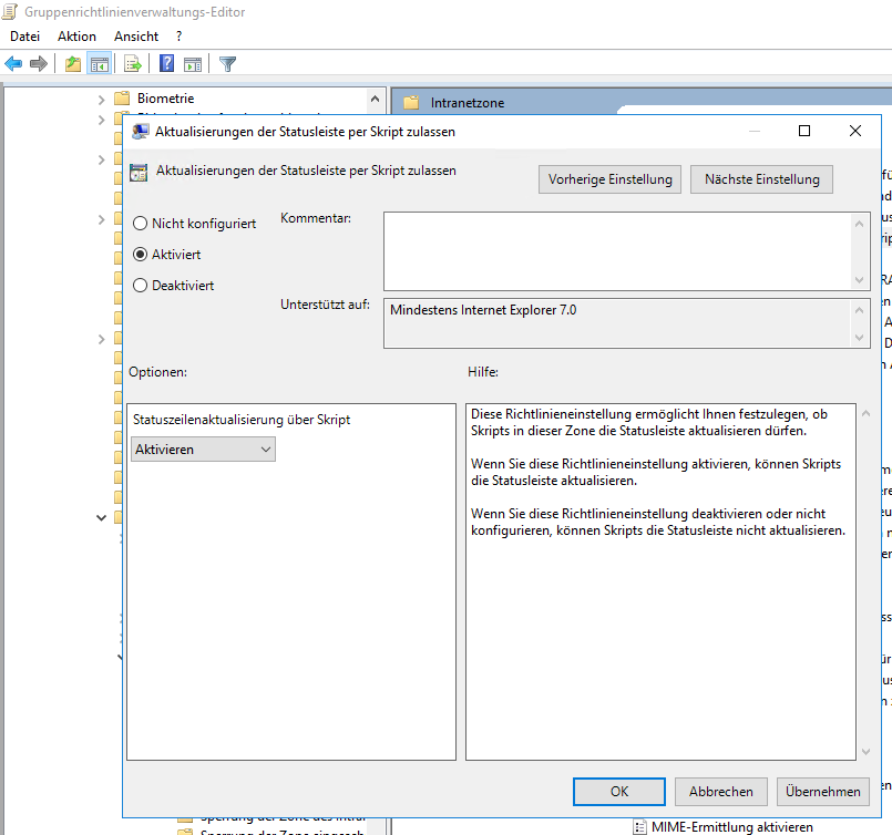 Azure Active Directory mit Single-Sign On mit Passwort Hash Synchronisierung 15 Screenshot: Gruppenrichtlinienverwaltung-Editor, "Einstellung Aktualisierung der Statusleiste per Skript zulassen"