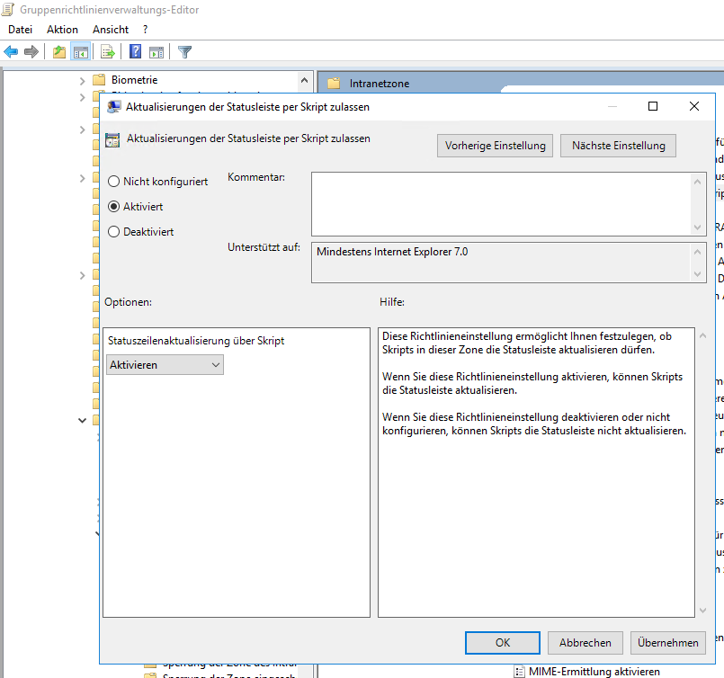 Screenshot: Gruppenrichtlinienverwaltung-Editor, "Einstellung Aktualisierung der Statusleiste per Skript zulassen"