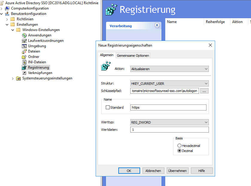 Azure Active Directory mit Single-Sign On mit Passwort Hash Synchronisierung 16 Screenshot: Gruppenrichtlinienverwaltungskonsole, Registrierungseinstellung