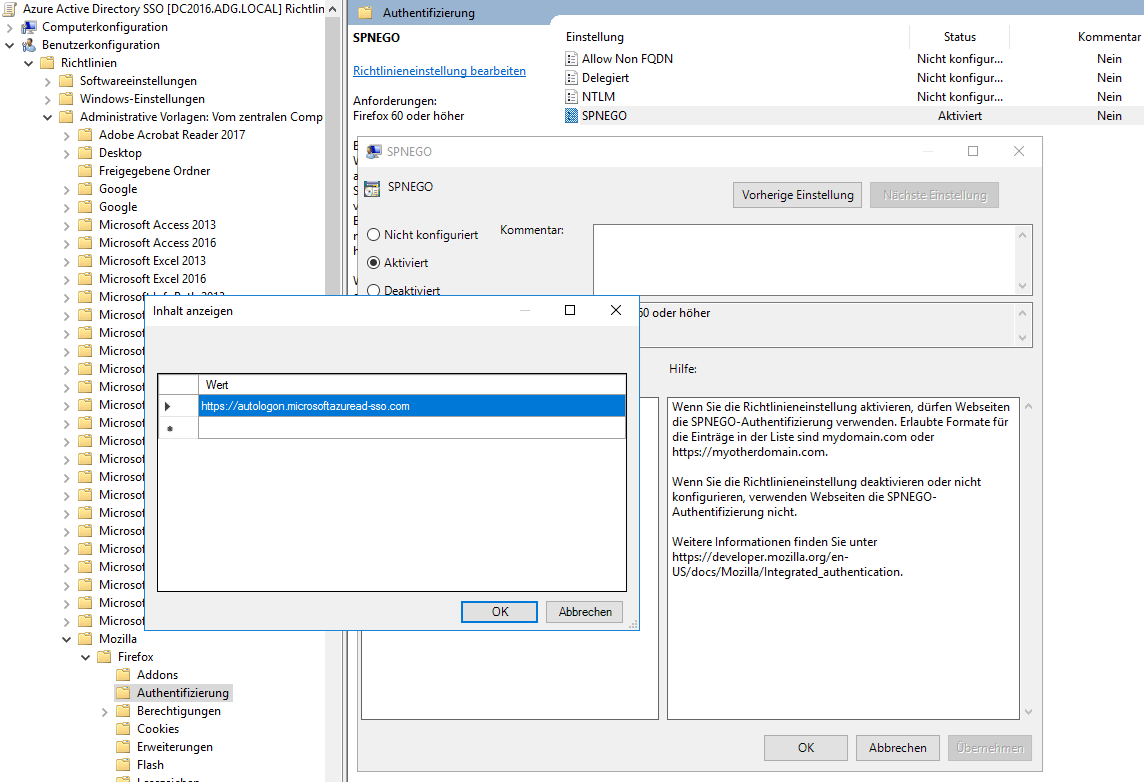 Azure Active Directory mit Single-Sign On mit Passwort Hash Synchronisierung 17 Screenshot: Gruppenrichtlinienverwaltungskonsole, Mozilla Firefox Richtlinie