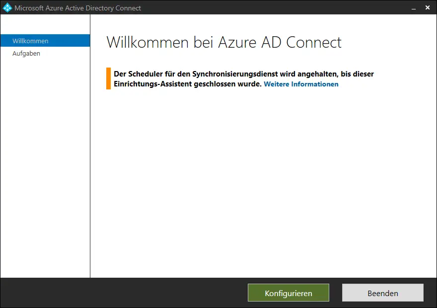 Screenshot Azure AD Connect GUI: Willkommensbildschirm