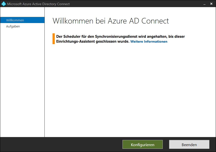 Azure Active Directory mit Single-Sign On mit Passwort Hash Synchronisierung 4 Screenshot Azure AD Connect GUI: Willkommensbildschirm