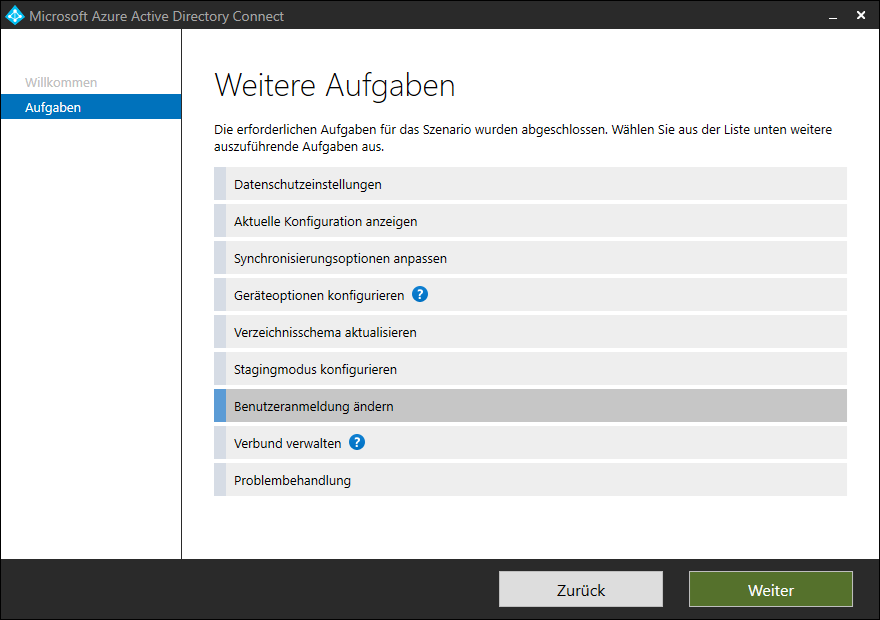 Screenshot Azure AD Connect GUI: Benutzerkonfiguration ändern