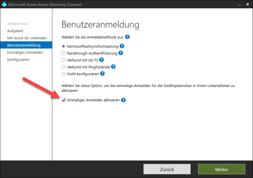 Azure Active Directory mit Single-Sign On mit Passwort Hash Synchronisierung 7 Screenshot Azure AD Connect GUI: Aktivieren von SSO