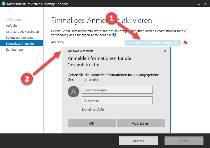 Azure Active Directory mit Single-Sign On mit Passwort Hash Synchronisierung 8 Screenshot Azure AD Connect GUI: Authentifizierung am AD