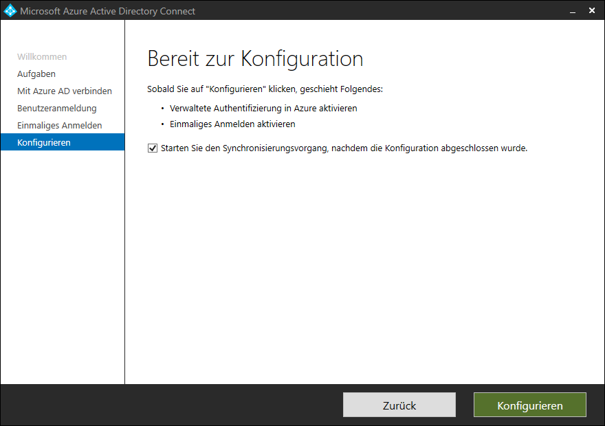 Azure Active Directory mit Single-Sign On mit Passwort Hash Synchronisierung 10 Screenshot Azure AD Connect GUI: Bereit zur Konfiguration