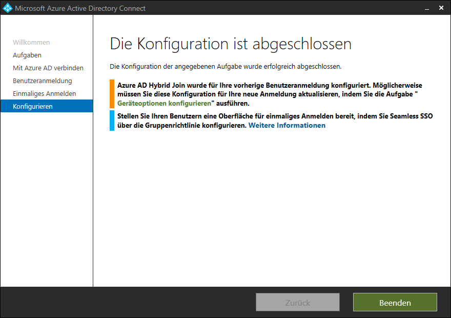 Azure Active Directory mit Single-Sign On mit Passwort Hash Synchronisierung 11 Screenshot Azure AD Connect GUI: Konfiguration abgeschlossen